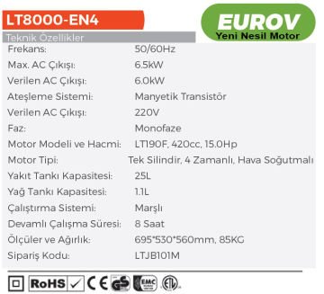 LUTİAN 6.5 kW Marşlı Benzinli Jeneratör Monofoze 220 Volt (LT8000EN-4)