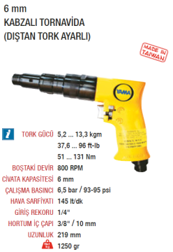 YAMA AT-4081E Havalı Tornavida Tabancası 6mm Kabzalı Tip 800 Devir