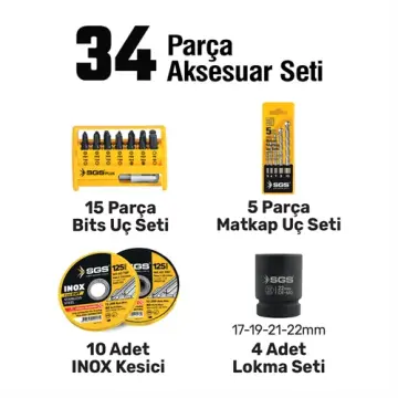 SGS5451 - COMBO SET 5 PARÇA (Darbeli Matkap / Kırıcı-Delici Matkap / Avuç Taslama Makinesi / Darbeli Somun Sıkma / Led Fener)