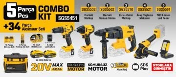 SGS5451 - COMBO SET 5 PARÇA (Darbeli Matkap / Kırıcı-Delici Matkap / Avuç Taslama Makinesi / Darbeli Somun Sıkma / Led Fener)