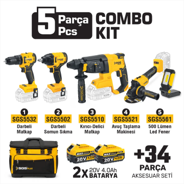SGS5451 - COMBO SET 5 PARÇA (Darbeli Matkap / Kırıcı-Delici Matkap / Avuç Taslama Makinesi / Darbeli Somun Sıkma / Led Fener)