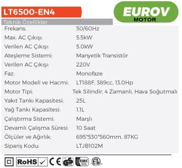 LUTİAN 5.5 kW Euro V Motor  Monofaze Benzinli Jeneratör (LT6500EN-4)