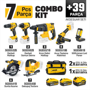 SGS5452 - COMBO SET 7 PARÇA (Darbeli Matkap/Kırıcı-Delici Matkap/Darbeli Somun Sıkma/Avuç Taslama Makinesi/Sunta Kesme/Dekupaj Testere/Led Fener)
