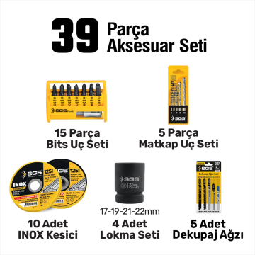 SGS5452 - AKÜLÜ COMBO SET 7 PARÇA (Darbeli Matkap/Kırıcı-Delici Matkap/Darbeli Somun Sıkma/Avuç Taslama Makinesi/Sunta Kesme/Dekupaj Testere/Led Fener)