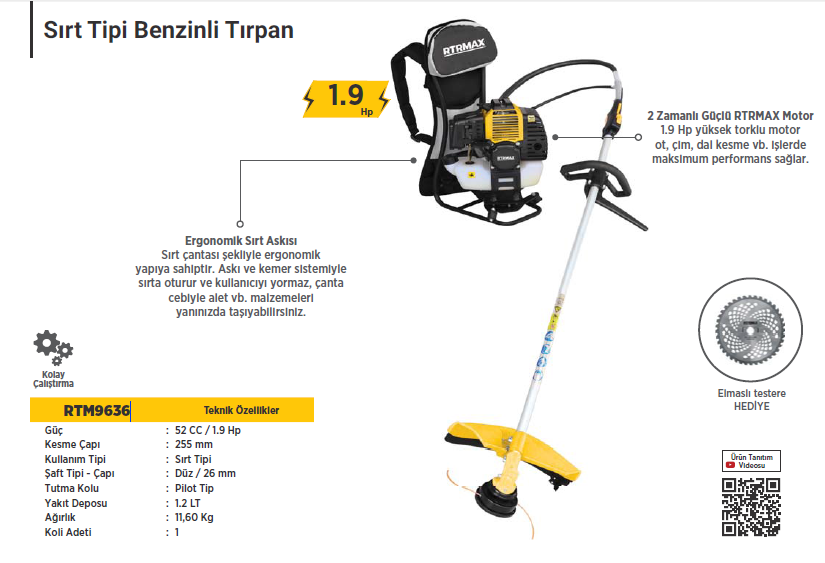 RTR Max Benzinli Tırpan Sırt Tipi 52 cc 1.9 Hp