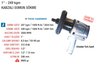 YAMA AT-6083P (1'') Havalı Somun Sökme Sıkma Makinesi Tabancası 249 Kgm