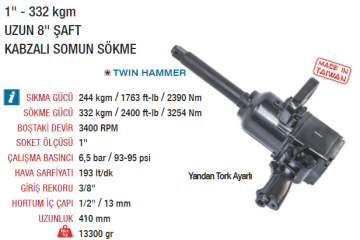YAMA AT-6085P-8 (1'') Havalı Somun Sökme Sıkma Makinesi Tabancası Uzun Şaft 332 kgm