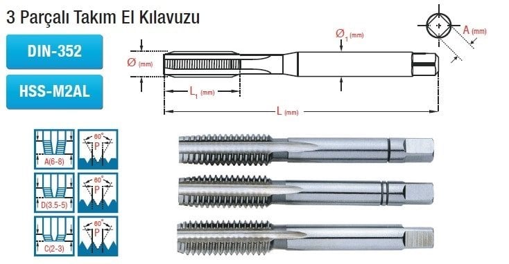 MAİER  3 Parçalı Takım EL Kılavuzu (DIN -352 HSS-M2AL)