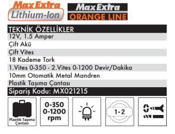 MAX EXTRA MX1215 Akülü Matkap 12 Volt 1,5 Amper Çift Akü