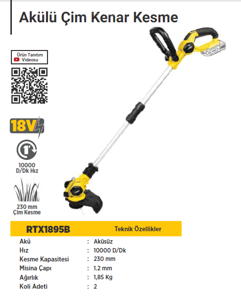 RTR MAX Akülü Çim Kenar Kesme 18 Volt (Aküsüz)