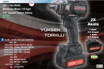 ROTAKE RC8803 Akülü 1/2-110 kgm 20 Volt Kömürsüz Motor Darbeli Somun Sökme Sıkma Makinesi Tabancası