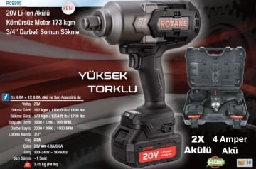 ROTAKE RC8805 Akülü 3/4 -  20 Volt 4 Amper Darbeli Somun Sökme Sıkma Makinesi Tabancası  173 kgm